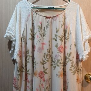Floral Cream Asymmetrical Women's Dress with Pink Accents